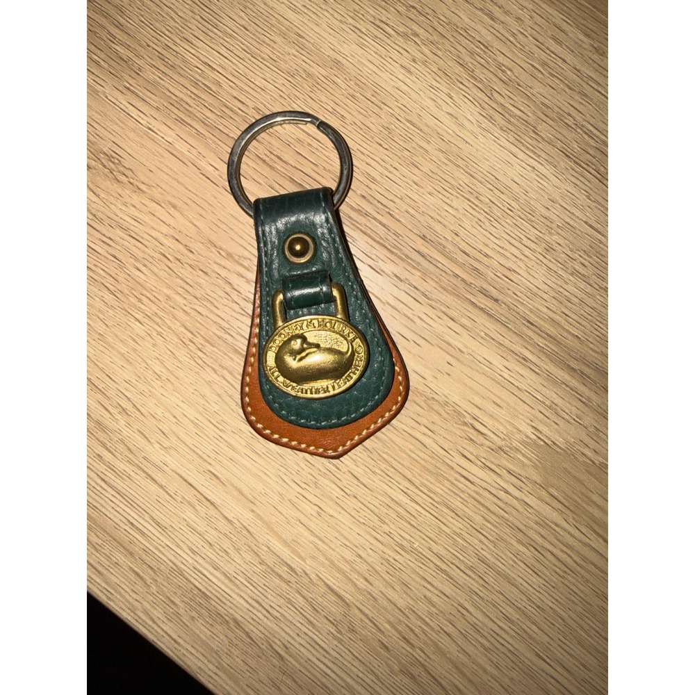 Dooney & Bourke Vintage All Weather Leather Keychain Green Tan Brass Duck Logo